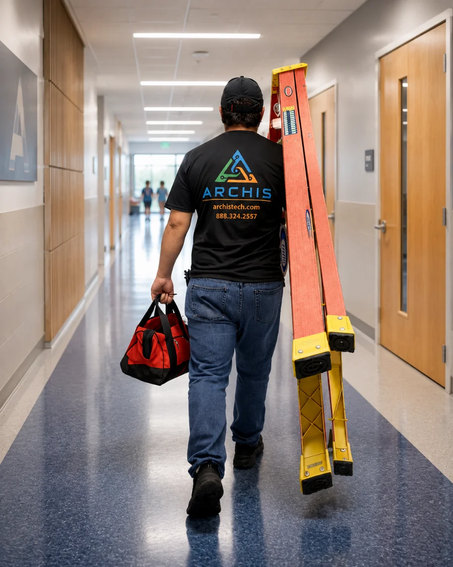 Archis technician carrying a ladder through a facility hallway